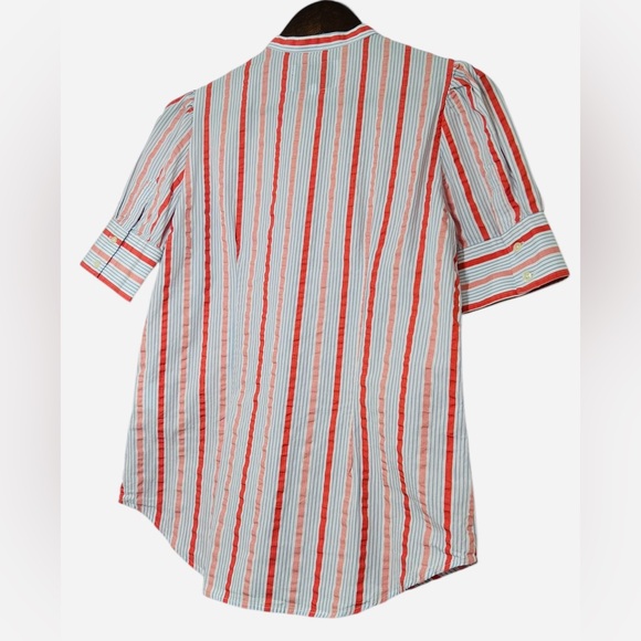 The Shirt by Rochelle Behrens Coral Blue Striped Button-Up Blouse Top Size Small - Picture 9 of 12